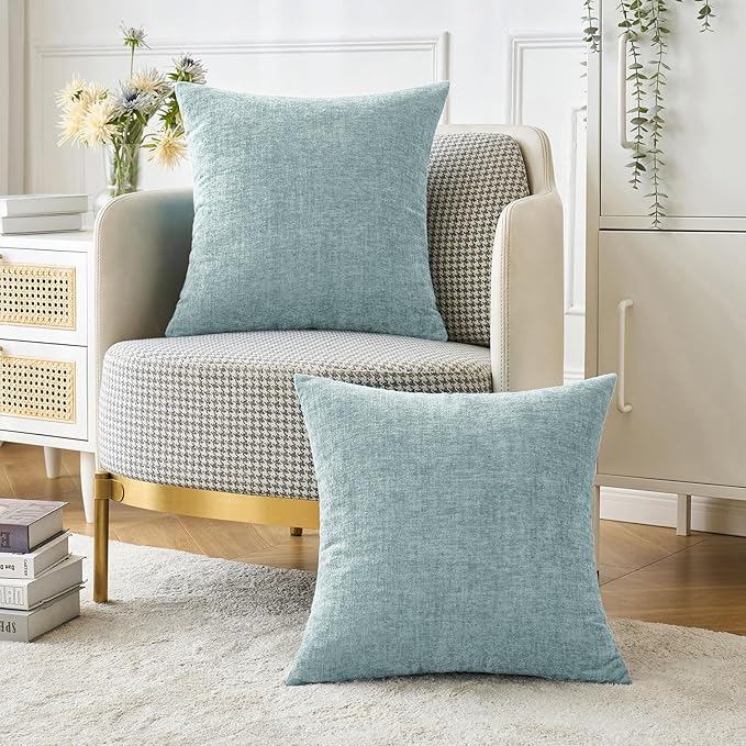 MIULEE Pack of 2 Light Blue Throw Pillow Covers 16x16 Inch Soft Chenille Pillow Covers for Sofa Living Room Couch Solid Dyed Cases