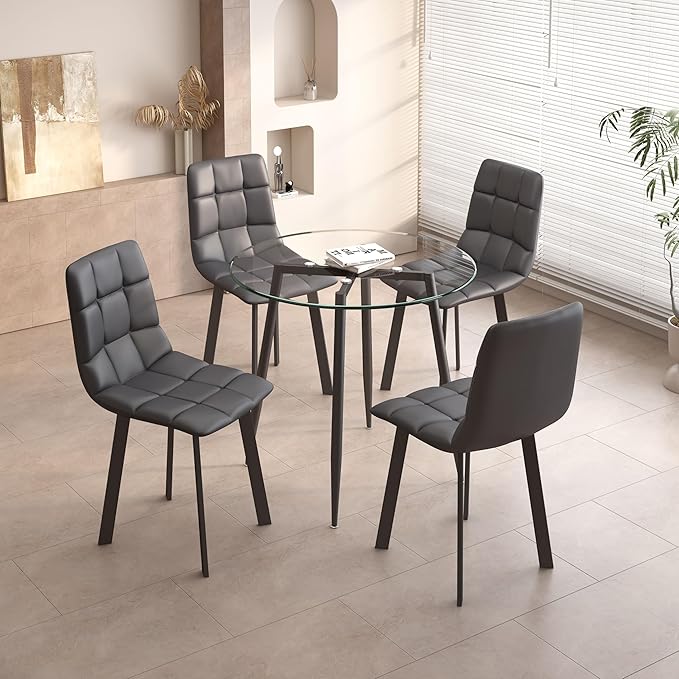 5-Piece Round Glass Dining Table Set with 4 Upholstered Chairs, Modern Kitchen Dining Room Furniture, PU Leather Padded Seat and Metal Legs – Gray
