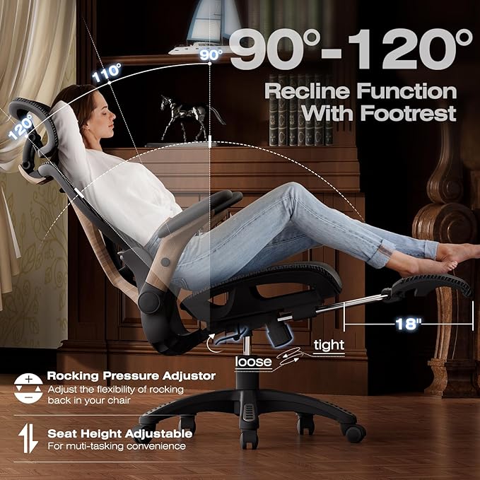 ELABEST X100 Ergonomic Office Chair with Footrest, Big and Tall Home Desk Chair with 5D Flip-Up Arms, Adjustable 3D Lumbar Support,High Back Rolling Computer Chair, Swivel Mesh Chairs (Library Oak)