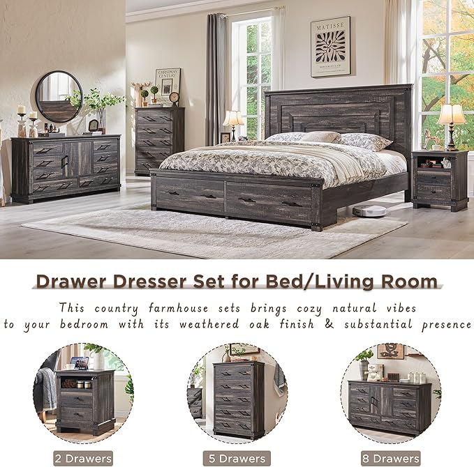 Farmhouse 6 Drawers Dresser for Bedroom, Large Chest of Drawers with Thick Plank Styling, Wood Rustic Closet Dresser for Bedroom, Living Room, Dark Rustic Oak Color