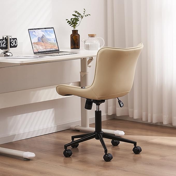 YOUTASTE Office Chair Armless Desk Chair Small Computer Swivel Rolling Chair with Wheels, Modern Upholstered PU Leather Computer Sewing Chair, Adjustable Home Office Desk Chairs, Beige