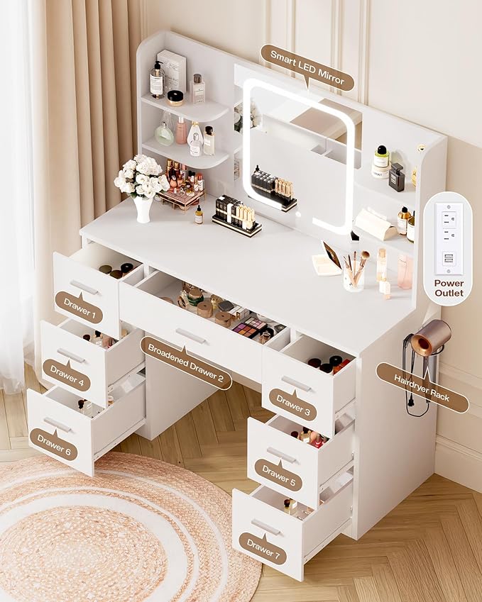 Large Makeup Vanity Desk, 43.3”W x 15.7“D x 53.2”H, White (Large Desktop, Samrt LED Mirror, 4 Open Shelves, 7 Drawers, Hairdryer Rack, Power-Outlet)