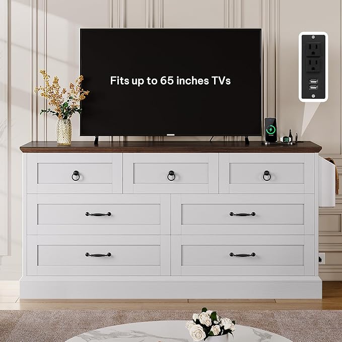 DWVO Farmhouse 7 Drawers Dresser, 59" Wide Wood Rustic Chest of Drawers with Nice Texture, Vintage Design, Storage Dressers Organizer for Living Room, Hallway, White