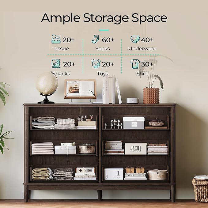 LINSY HOME Rattan Dresser for Bedroom with 6 Drawers, 47" Wide Chest of Drawers, Mid Century Modern Dresser TV Stand with Metal Handle, Wood Closet Storage Cabinet for Living Room, Hallway, Walnut