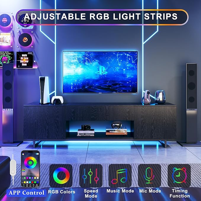 TV Stand for 75 inch TV, Entertainment Center with LED Light, Modern Wood TV Console with Texture Entertainment Stand with Highlight Storage Cabinet for TVs Up to 70-80" Black