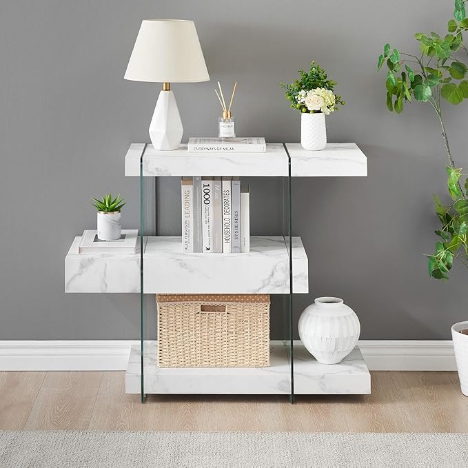 ivinta Glass Console Table with Storage Shelves, 3-Tier Modern Entryway Table with Hidden Drawer for Living Room Hallway or Entrance, 5104 (White, 39")