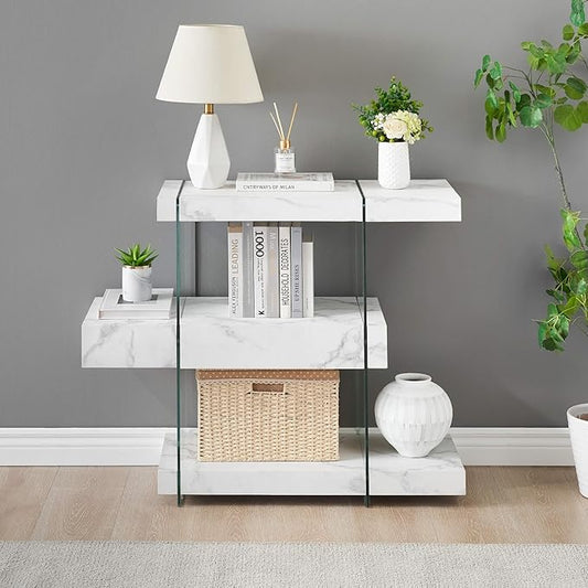 ivinta Glass Console Table with Storage Shelves, 3-Tier Modern Entryway Table with Hidden Drawer for Living Room Hallway or Entrance, 5104 (White, 39")