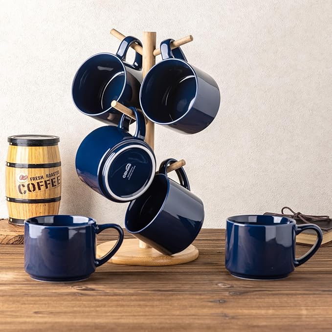 GBHOME 14 OZ Coffee Mugs Set of 6, Stackable Ceramic Mugs for Men, Women, Modern Coffee Cups for Latte,Cappuccino,Hot Cocoa. Dishwasher & Microwave Safe, Navy Blue