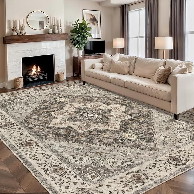 Tangsoo 8x10 Area Rugs for Living Room, 8x10 Washable Rug Vintage Indoor Non Slip Large Area Rugs, Print Distressed Brown/Grey Carpet, Soft Low Pile Foldable Floor for Bedroom Dining Room Dorm