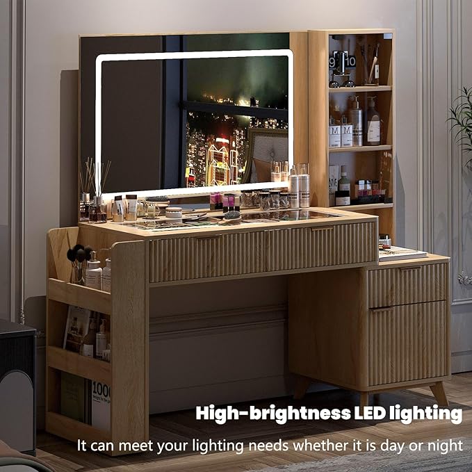 52" Fluted Vanity Desk with Large 34" Mirror and Lights 3 Colors, Big Makeup Vanity Desk with Transparent Top & Power Outlet, Dressing Table with Drawers, Side Cabinet, Dresser for Bedroom (Oak)