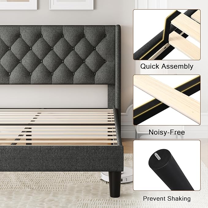 Queen Size Upholstered Bed Frame with Wingback Headboard, Fabric Linen Platform Bed, 8" Under Bed Storage, Wooden and Metal Slats Support, Noise Free, No Box Spring Needed, Dark Grey