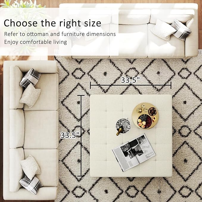 Large Square Ottoman Coffee Table, Linen Solid Upholstered Footrest Ottoman with Solid Wood Shelf Storage Tufted Coffee Table for Bedroom Living Room, Ivory