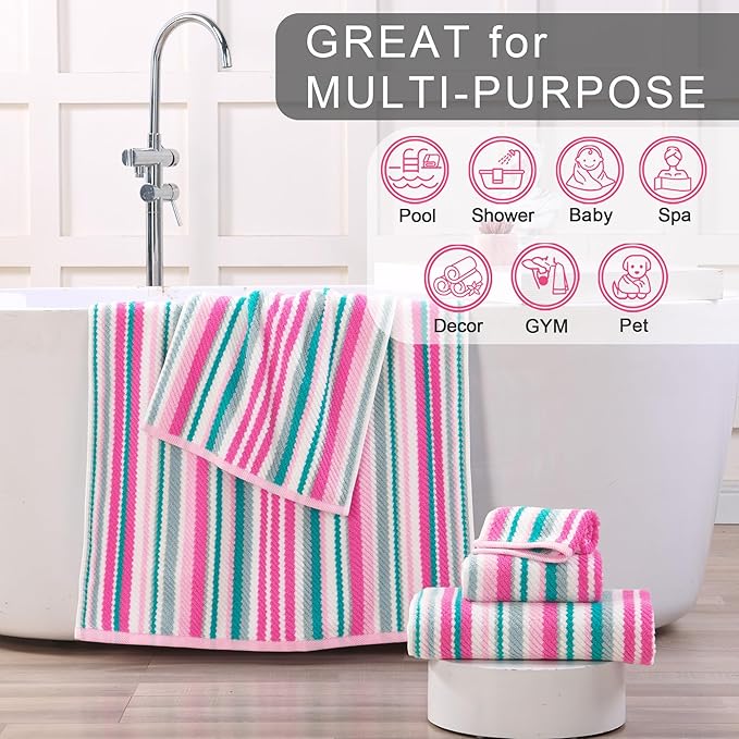 VOOVA & MOVAS Cotton Hand Towels Set of 4, 16"x27" - Quick Dry, Soft & Absobent & Lightweight, Striped Hand Towels for Bathroom & Showering, Luxury Towel Gift Set, Pink and Teal Stripe