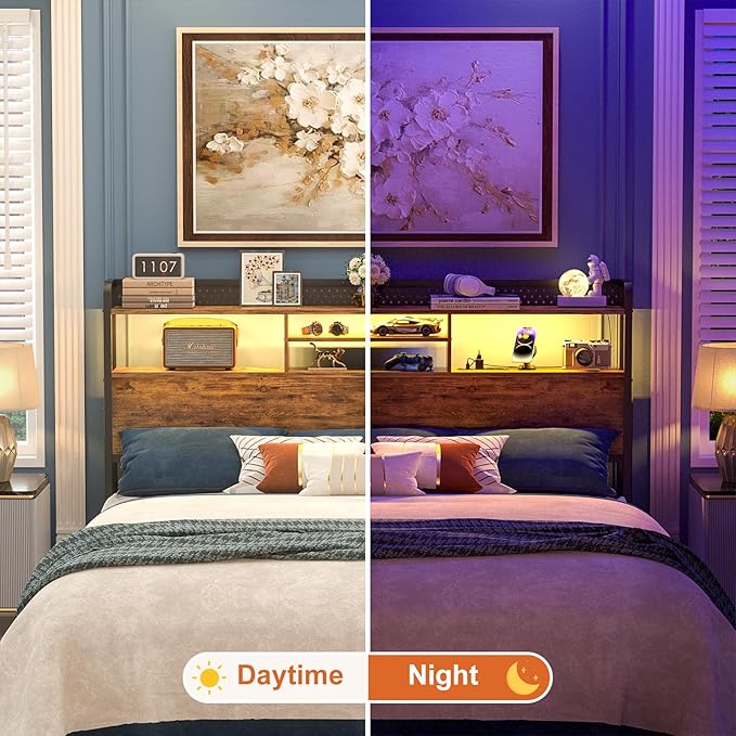 Unikito Headboard for Queen Size Bed with Storage Shelf, Head Board with 3 Outlets and 2 USB Ports, Headboards with RGB LED Light, Height Adjustable, Sturdy and Stable, Easy Assembly, Rustic Brown