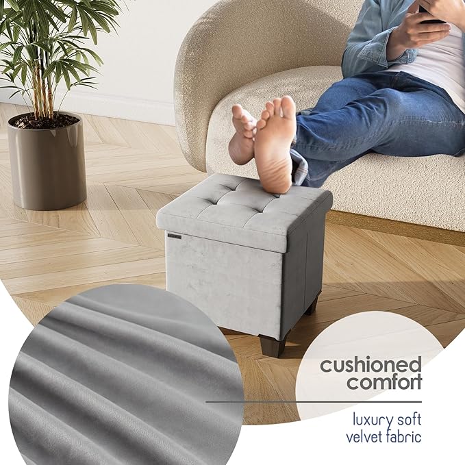 STORAGEBUD Storage Ottoman Cube with Small Bin, 15-in Square Ottoman with Storage for Living Room and Bedroom, Small Ottomans Foot Rest, Velvet Foot Stools Ottomans Max 330lbs, Light Grey