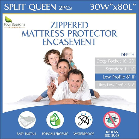 Split Queen Mattress/Box Spring Encasement 30" x 80" (2PCs) - Waterproof Zippered Protector Premium Quality Hypoallergenic Bed Cover Protects Against Dust - Breathable Smooth Fabric