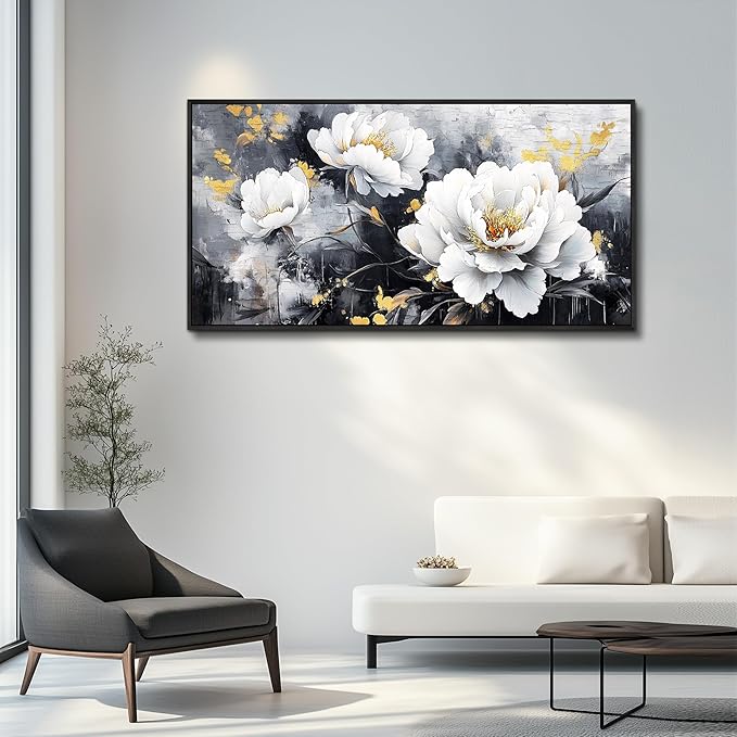 PHAOHUAXM Large Framed Canvas Wall Decor For Living Room Wall Art For Bedroom Modern Abstract Painting Ink-Wash White Flowers With Black Frames Dining Room Home Decor Print Artwork Posters 30"X60"