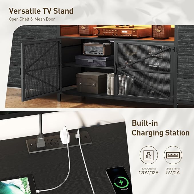 71" TV Stand Dresser for 85/80/75 Inch TV with Power Outlets and LED Lights, Long Dresser with 8 Fabric Drawers, Large Entertainment Center TV Console with Mesh Door for Bedroom, Black