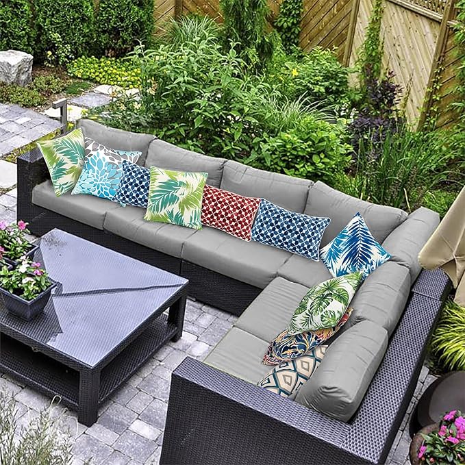 JMGBird 12×20 Inch Outdoor Lumbar Pillows Pack of 2 Colors Waterproof Throw Pillows with Insert Rectangular Decorative Garden Cushion for Home Furniture Patio Coach Sofa