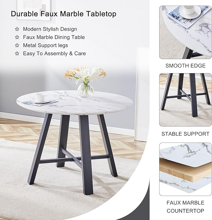 Round Dining Table Set for 4,Modern Round Kitchen Table and Chairs for 4,42" White faux Marble Circle Dining Table with 4 PU Leather Chairs,Circle Dining Table Set for Small Space Apartment Kitchen