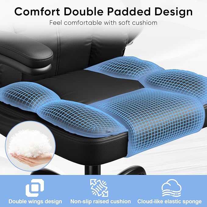 Executive Leather Office Chair, Computer Chair with Thick Cushion & Lumbar Support, Ergonomic Desk Chair with Adjustable Headrest & Armrests,Black