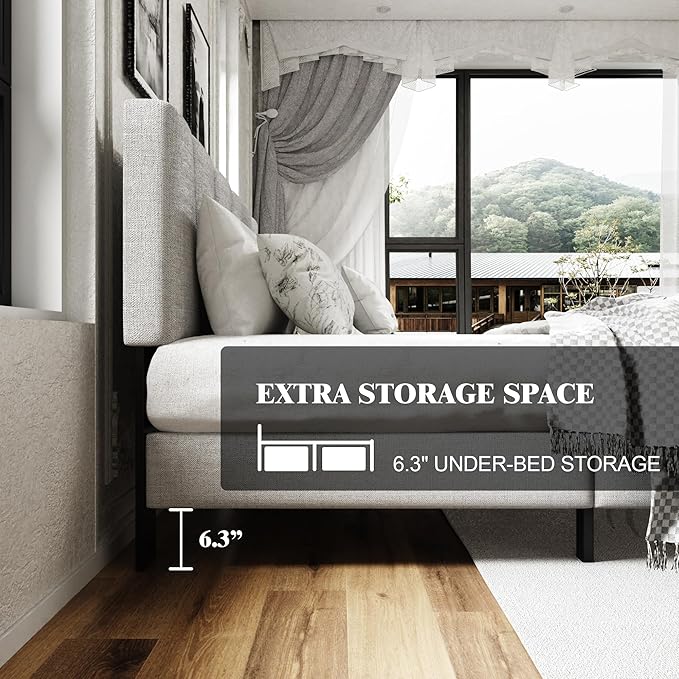 Queen Size Platform Bed Frame with Upholstered Headboard, Wooden Slats Support, Noise Free, No Box Spring Needed, Easy Assembly, Light Grey, Linen