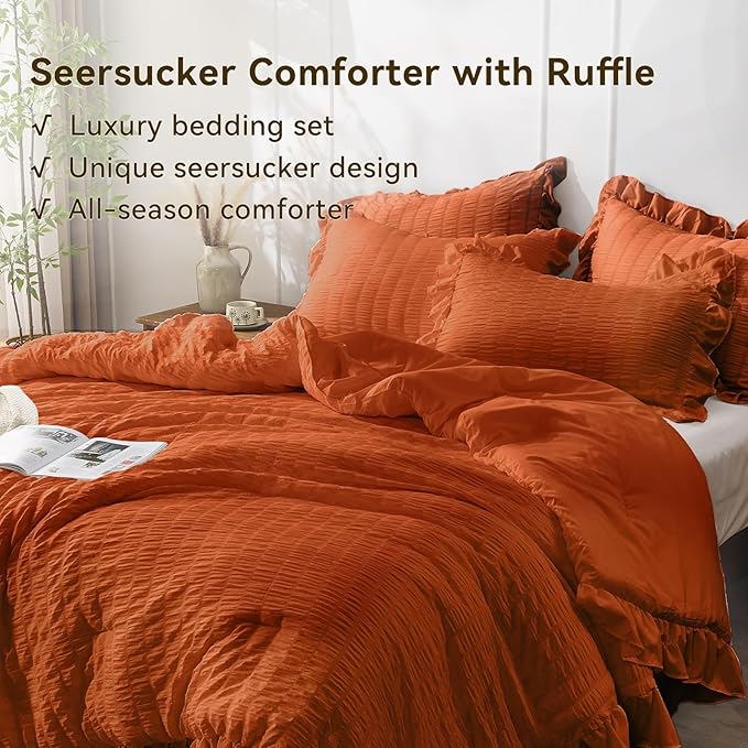 JOLLYVOGUE Burnt Orange Twin Size Comforter Set, 2 Pieces Seersucker Lightweight Fluffy Bedding Set, Twin Ruffle Comforter, All Season Soft Microfiber Shabby Chic Bed Set