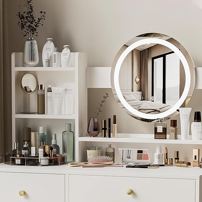 Vanity Table Set with Mirror and Adjustable Lights, Cushioned Chair, Make Up Desk for Bedroom, Elegant Dressing Table with 3 Color Lighting, 2 Drawers for Girls & Makeup Enthusiasts