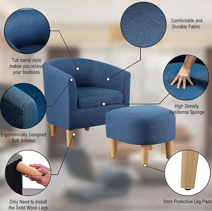 DAZONE Accent Chair, Mid Century Modern Chair with Ottoman, Comfy Arm Footrest Set Comfortable Living Room Chairs Upholstered Barrel Round Club Tub Sofa for Bedroom Reading Room, Blue Set of 1