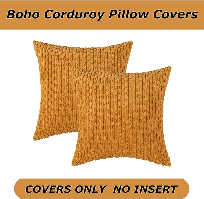 Kevin Textile Throw Pillow Covers Soft Corduroy Decorative Set of 2 Boho Striped Pillow Covers Pillowcases Farmhouse Home Decor for Couch Bed Sofa Living Room 18x18 Inch Golden Yellow