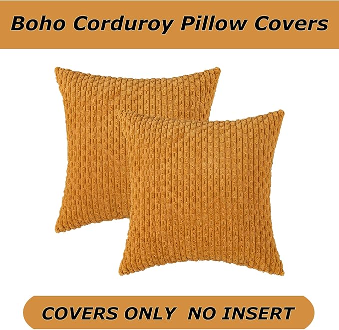 Kevin Textile Throw Pillow Covers Soft Corduroy Decorative Set of 2 Boho Striped Pillow Covers Pillowcases Farmhouse Home Decor for Couch Bed Sofa Living Room 24x24 Inch Golden Yellow