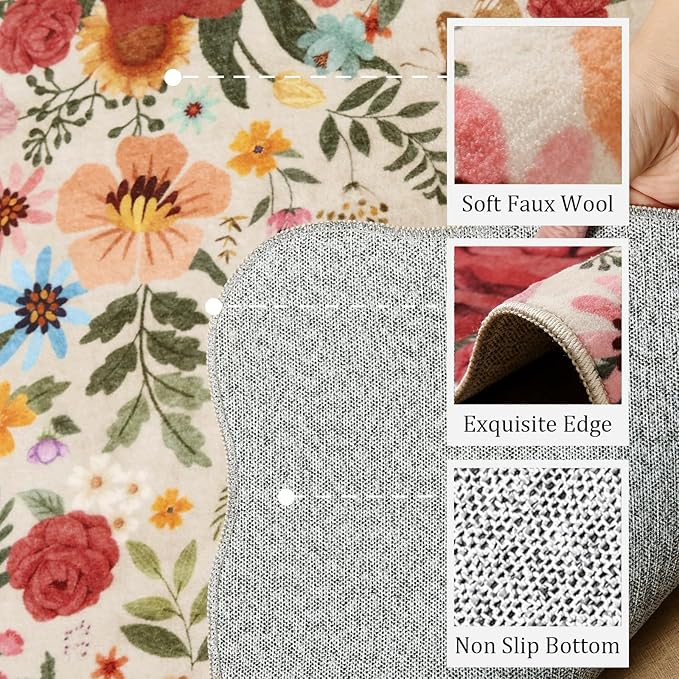 Floral Washable Area Rug 3'x5' Non Slip Boho Vintage Low Pile Soft Carpet for Living Room, Dining Room, Bedroom High Traffic Areas Indoor Rug for Bathroom, Entryway Decor (Beige