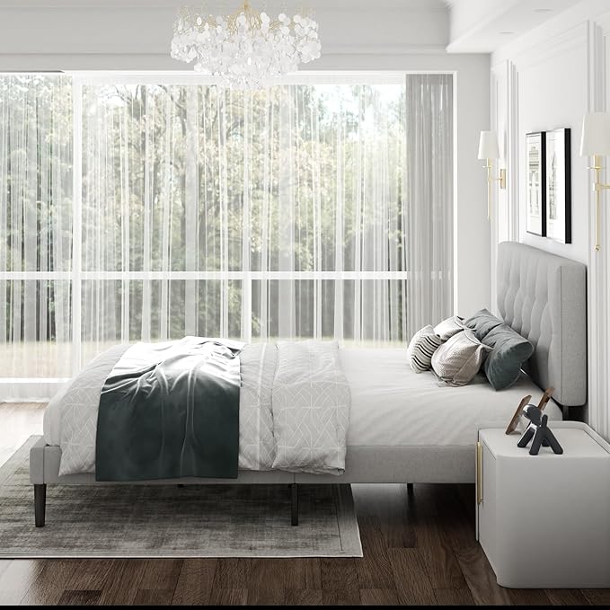 Queen Size Platform Bed Frame with Upholstered Headboard, Button Tufted Design, Strong Wooden Slats, No Box Spring Needed, Easy Assembly, Noise Free