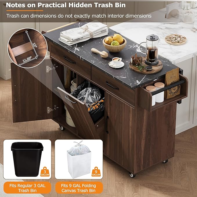 Kitchen Island with Storage & Drop Leaf, 51" Kitchen Rolling Island on Wheels with Spice Rack & Towel Rack, Kitchen Island Cart with Trash Can Storage, Walnut Brown