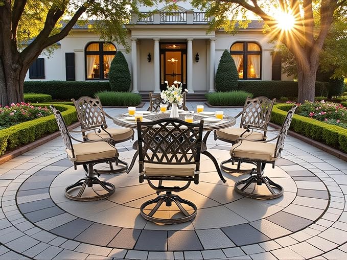 7 Piece Outdoor Dining Set Cast Aluminum, Retro Patio Dining Furniture Set for 6 Includes 54’’ Round Table 6 Chairs with Thicker Cushion and Umbrella Hole for Patio Deck Garden