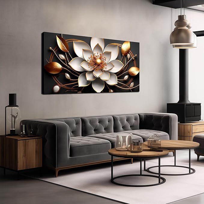 Large Artwork Canvas Wall Art for Living Room Office Room Bedroom Decor Wall Painting White and Gold Flowers Picture Modern Decorative Painting with Frame Ready to Hang Canvas Decor Size 24x48 E