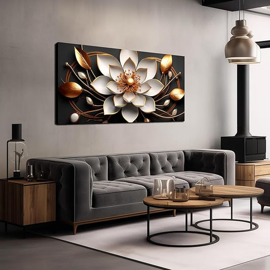 Large Artwork Canvas Wall Art for Living Room Office Room Bedroom Decor Wall Painting White and Gold Flowers Picture Modern Decorative Painting with Frame Ready to Hang Canvas Decor Size 24x48 E