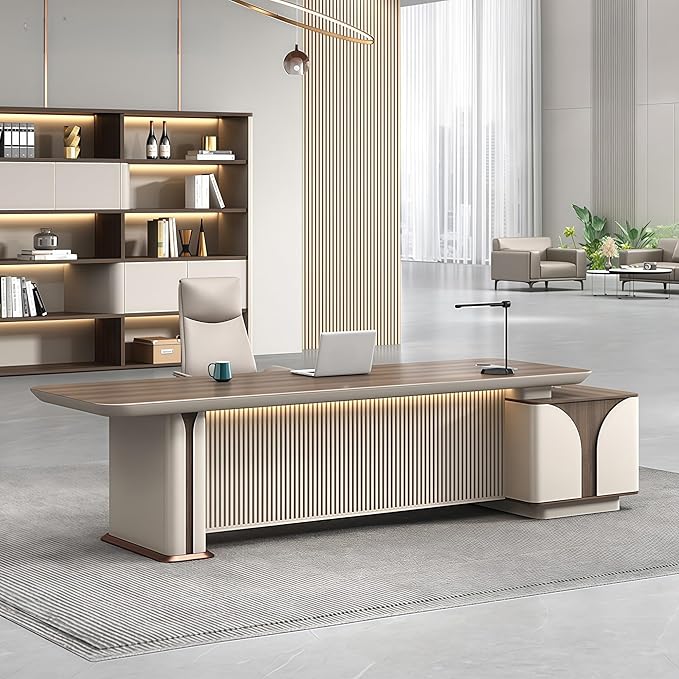Modern L Shaped Desk, 133.9 inch Large Desk with Storage, Executive Desks for Home Office No Installation Required with Drawers and Lockable