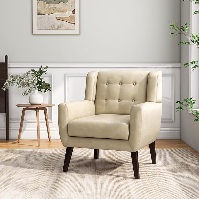 Accent Chair, Mid-Century Modern PU Leather Chairs with Arms for Living Room, Comfy Upholstered Club Single Sofa Armchair