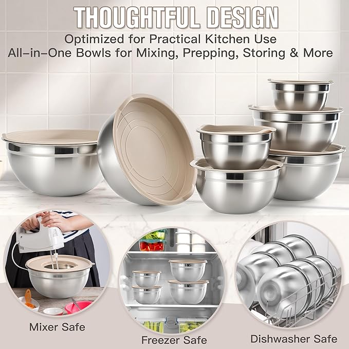 28PCS Mixing Bowls with Airtight Lids Set, Stainless Steel Nesting Prep Bowls with 7 Measuring Cups & 14 Measuring Spoons for Cooking, Baking, Serving, Food Storage, Size 5.5/3.5/2.5/2/1.4/1/0.62QT