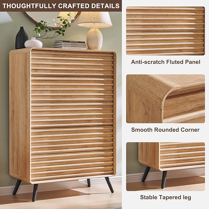 RedLemon 5 Drawers Dresser for Bedroom, 48'' Tall Mid Century Modern Wood Fluted Dresser, Chest of Drawers with Tapered Leg for Bedroom, Living Room, Hallway, Closet,Natural Oak