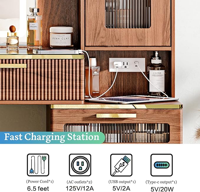 Vanity Desk with 29.53" HD Lighted Mirror, 47.24" Big Modern Vanity Desk with Mirror and Lights, Makeup Vanity with 5 Drawers and Storage Shelves and Charging Station, Walnut1