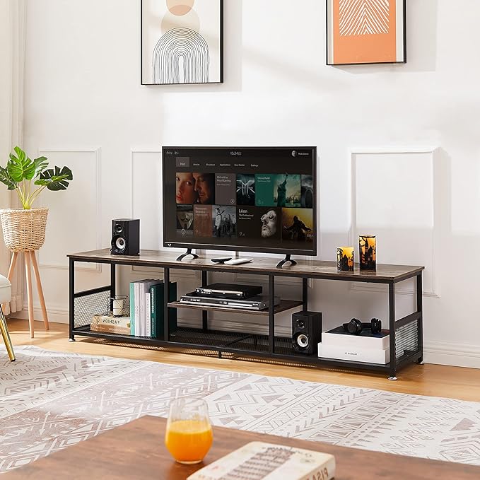 VECELO Industrial TV Stand for Televisions up to 80 Inch, 70" Entertainment Center with Open Storage Shelves for Living Room/Bedroom, 3 Tiers Media Console Table with Metal Frame, Brown, 70 Inches