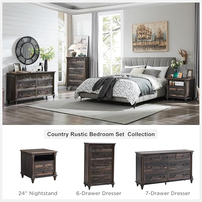 T4TREAM Farmhouse 6 Drawers Dresser Chests for Bedroom w/4 Solid Wood Feet & Column Decor, Tall Wood Country Rustic Chest of Drawers, Storage Dressers for Bedroom, Living Room, Dark Rustic Oak