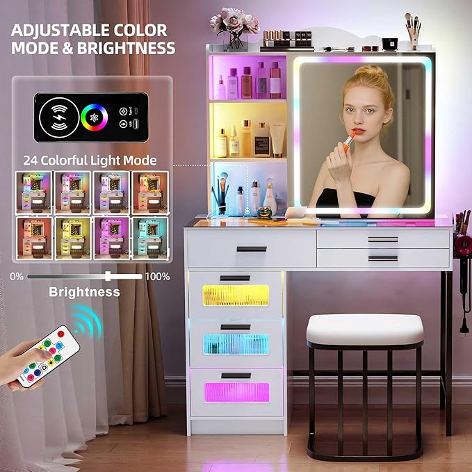 LED Vanity Desk with Sliding Mirror, Smart Makeup Table with 6 Drawers 6 Shelves Glass top, Dressing Table with Charging Station 24 Color Lighting Modes, Cushioned Stool, USB for Bedroom White