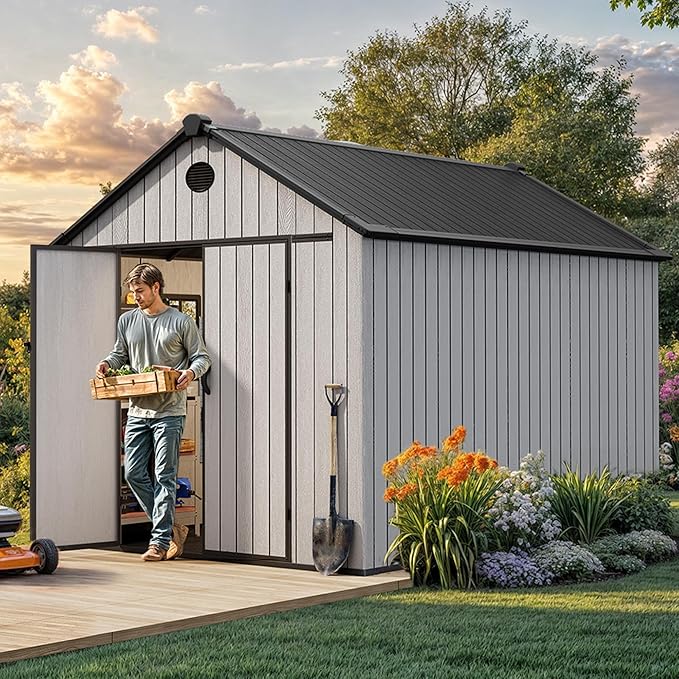 YITAHOME 8x12 FT Outdoor Storage Shed with Floor, Waterproof Plastic Garden Shed with Lockable Doors, 2 Windows & 2 Vents, 656 cu. ft. Resin Shed for Tools, Bikes, Patio or Backyard, Gray