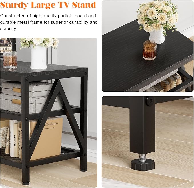TV Stand for TVs up to 70 Inch, 63" Long Industrial TV Console Table with 3-Tier Storage Shelves, Entertainment Center for Living Room, Bedroom (Black)
