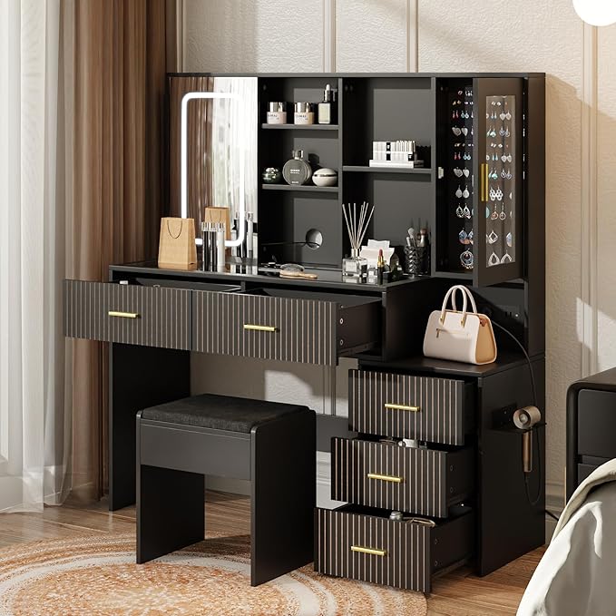 Large White Vanity Desk with Mirror and Lights，Vanity Table Makeup Vanity 5 Drawers with Power Strip Charging Station，Cushioned Stool for Bedroom, Dressing Room (Black)