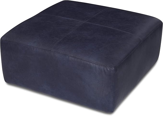 Poly & Bark Sequoia Ottoman – 35” Square Pouf with Feather-Down Topper – Full-Grain Leather Upholstered Pouf Ottoman for Living Room – Italian Leather in Midnight Blue