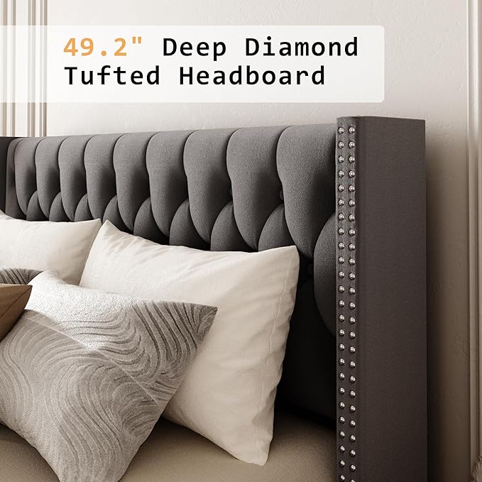 King Size Velvet Upholstered Bed Frame, 49.2" Tall Wingback Headboard, Deep Button Tufted, No Box Spring Needed, Solid Wood Legs, Grey